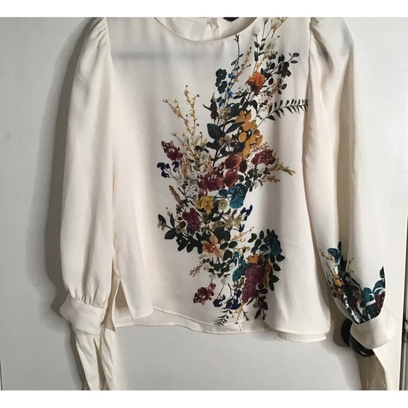 Zara Classy Women’s Top Long Sleeves with a bow and Flowers in the Front US M - Picture 1 of 16